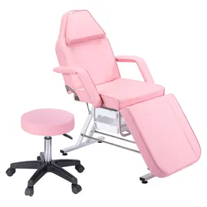Tattoo Chair Facial Bed with Two Trays Esthetician Bed Adjustable Folding Salon Bed with Hydraulic Stool Massage Bed for Professional Massage Facial Lash Beauty Treatment Spa,Pink