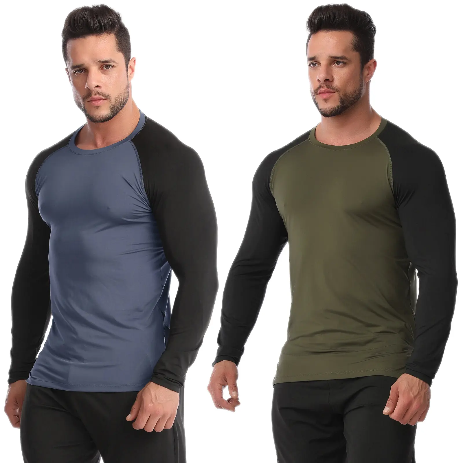 Men's 2-Pack Fitted Workout Shirt, Long Sleeve Quick-Dry Athletic Compression Top, Breathable Polyester Base Layer for Gym Fitness, M, Male, 21M01 Army Green Black, 2Pcs, 2Xl, 3Xl, Polyester Blend, Fitness Gym, Asian Sizing, Check Size Chart