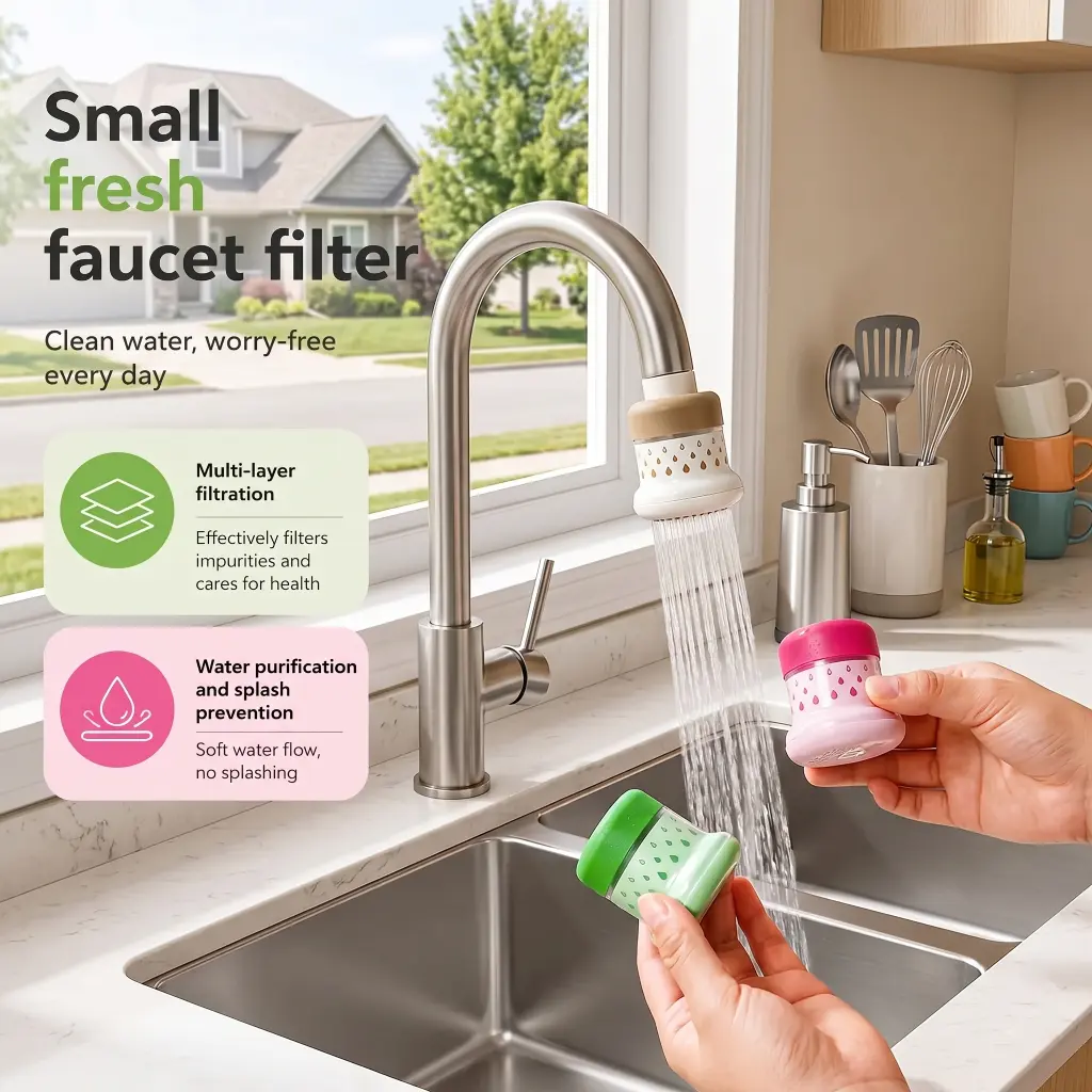 Summer Upgrade Mini Splash-Guard Faucet Filter Purifier with Multi-Layer Filtration, Water-Saving Extender, Water Filter Replacement for Vegetable Fruit Washing & Daily Use