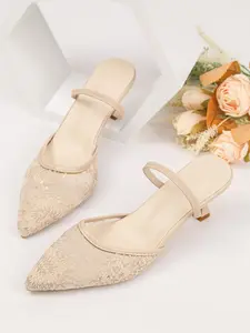 Women's Summer New Pointed Toe Low Heel Sandals, Breathable Lace Mesh Slip-On Shoes, Fashion Lightweight High Heels, Valentine's Day Gift, Easy Wear Footwear