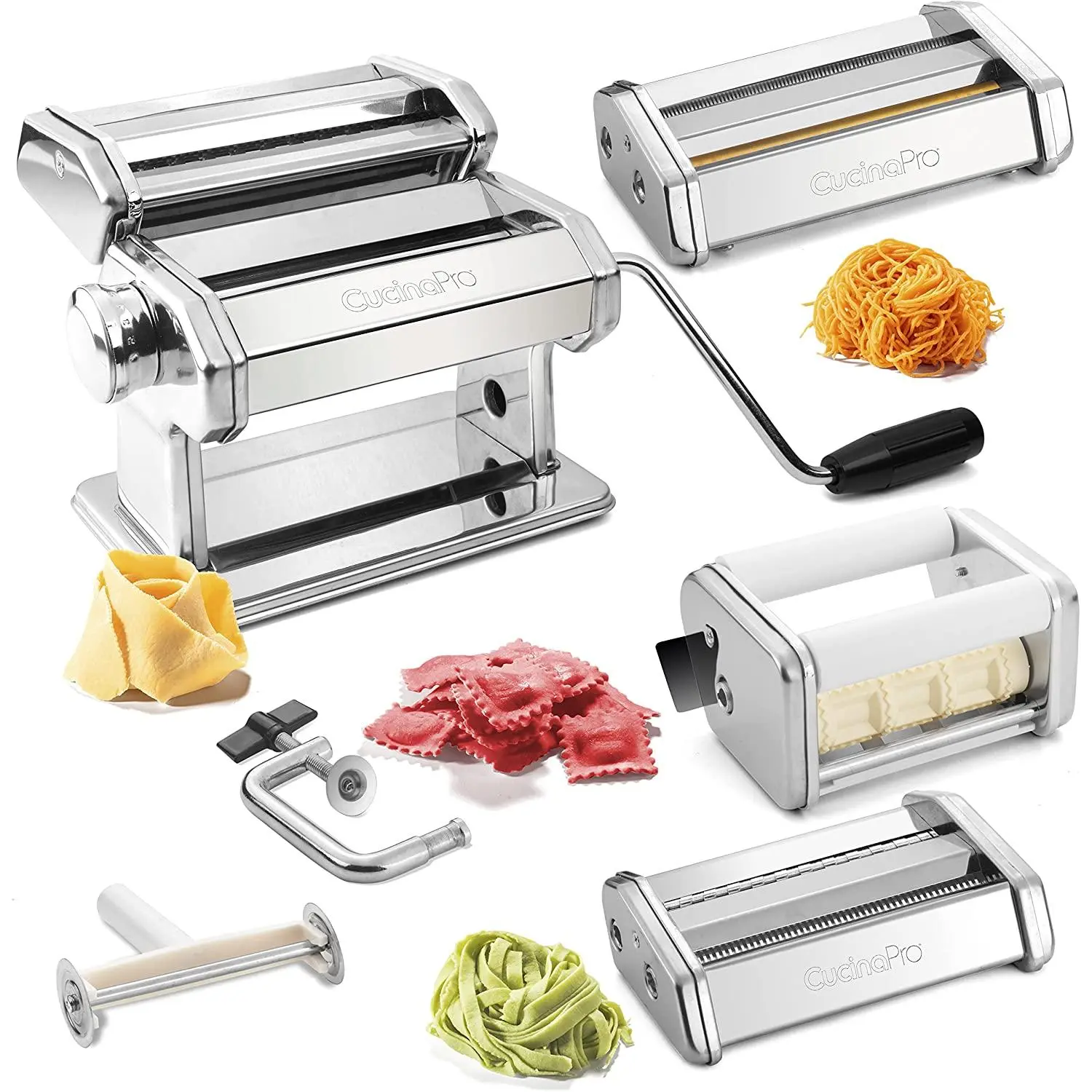 Cucina Pro Pasta Maker Deluxe Set 5-Piece Premium Stainless Steel Machine Cutter Attachments- Italian Dinner Party Cooking Gift