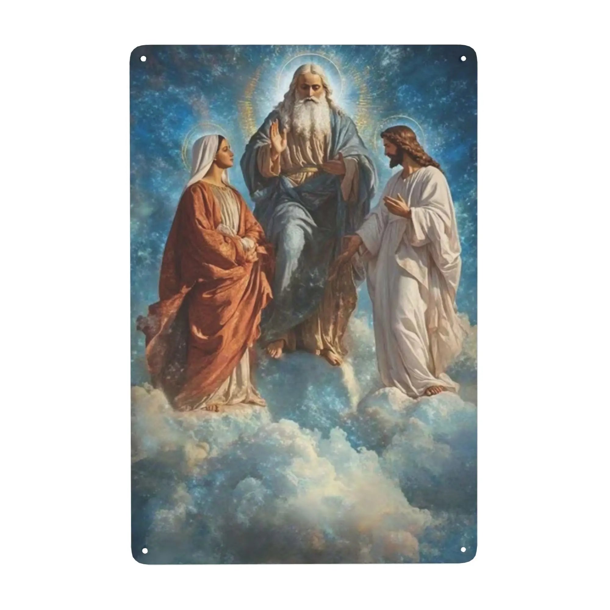 Heavenly Clouds Holy Trinity Our Lady Mary God The Father Jesus Christ Catholic Vintage Metal Tin Sign Religious Wall Hanging Decor Rustic Religious Art Plaque for Church Altar Home Decor Catholic Gift