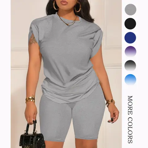 Women's Basic 2-Piece Fitted Casual Elastane Set - Short-Sleeve T-Shirt Top, Bodycon Shorts, Easy Styling for Casual Days & Coffee Runs