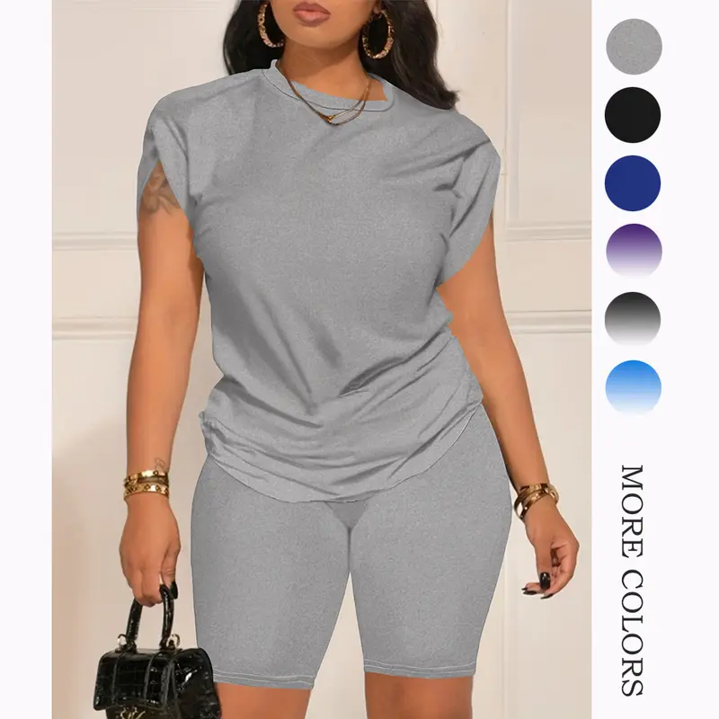 Women's Basic 2-Piece Fitted Casual Elastane Set - Short-Sleeve T-Shirt Top, Bodycon Shorts, Easy Styling for Casual Days & Coffee Runs