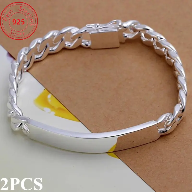 2pcs S925 Sterling Silver Geometric Cuban Chain Bracelets - 925 Real Silver Bracelets & Bangles - Unisex Casual Fashion Jewelry - Elegant White Gift for Christmas, Valentine's Day, Two Piece Set, Chain Link