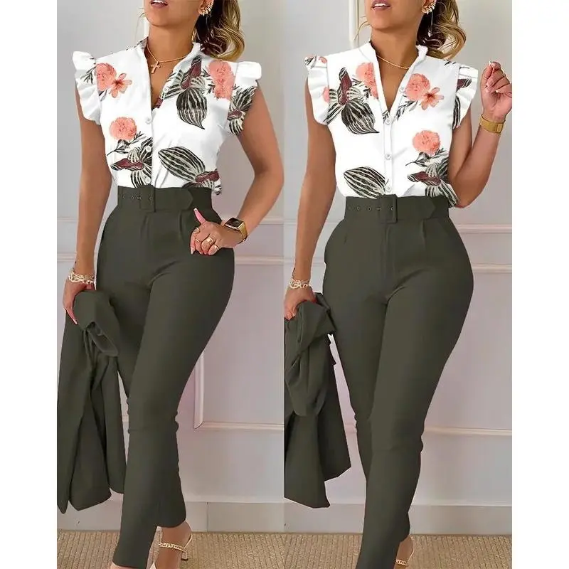 Women's Belted Boho Floral Peplum Outfit, 2-Piece Lightweight Cotton Set with Lotus Sleeve Top & Cropped Trousers for Vacation, Bohemian, Loose, Elegant, Chic, Shawls, Drawing, Plus Size, Short, Beach, Crochet, Metallic, Clothes