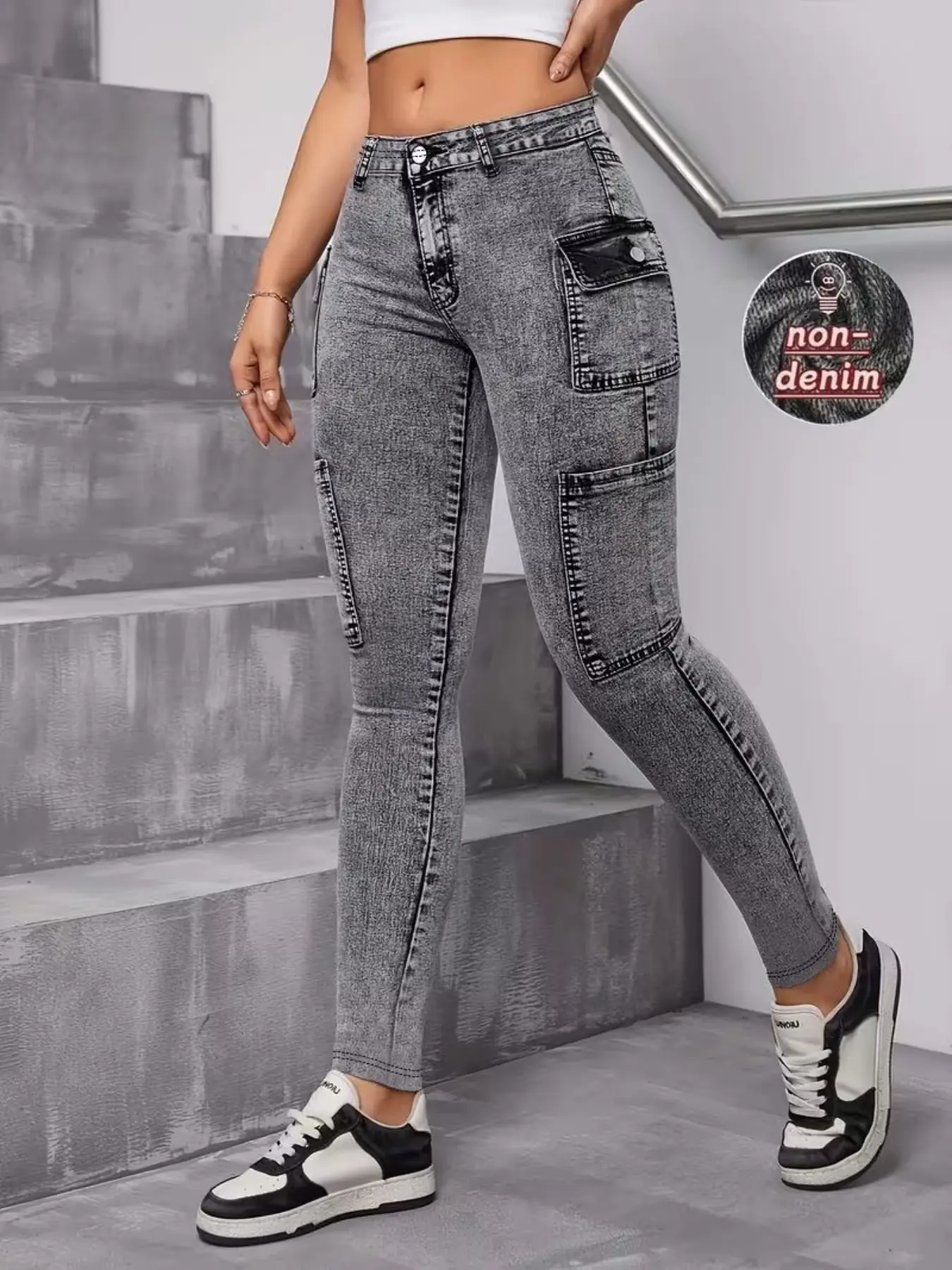 Women's Printed High-Waist Jeggings, Faux Denim Skinny Stretch Pants with Pockets, All-Season Casual Streetwear Bottoms