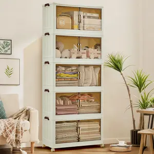 240QT Stackable Storage Bins, Folding Storage Box with Magnetic Doors & Wheels, Loset Organizers and Storage with Lids, Collapsible Plastic Drawers for Bedroom Kitchen Office, White