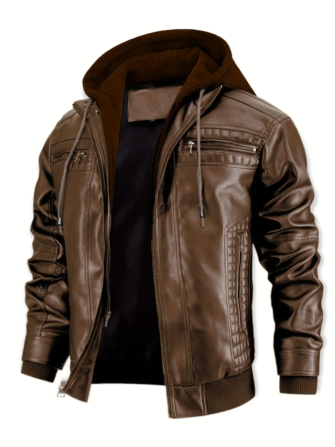 Men's Hooded Biker Bomber Jacket in Polyurethane, Casual Long Sleeve Quilted Outerwear with Pockets, Longsleeves, Quilted Outerwear Jacket