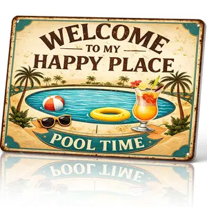 Welcome To My Happy Place Pool Time Metal Sign, 8x12 Inch Aluminum Wall Art, Vintage Poolside Decor for Patio, Backyard, Swimming Pool Area
