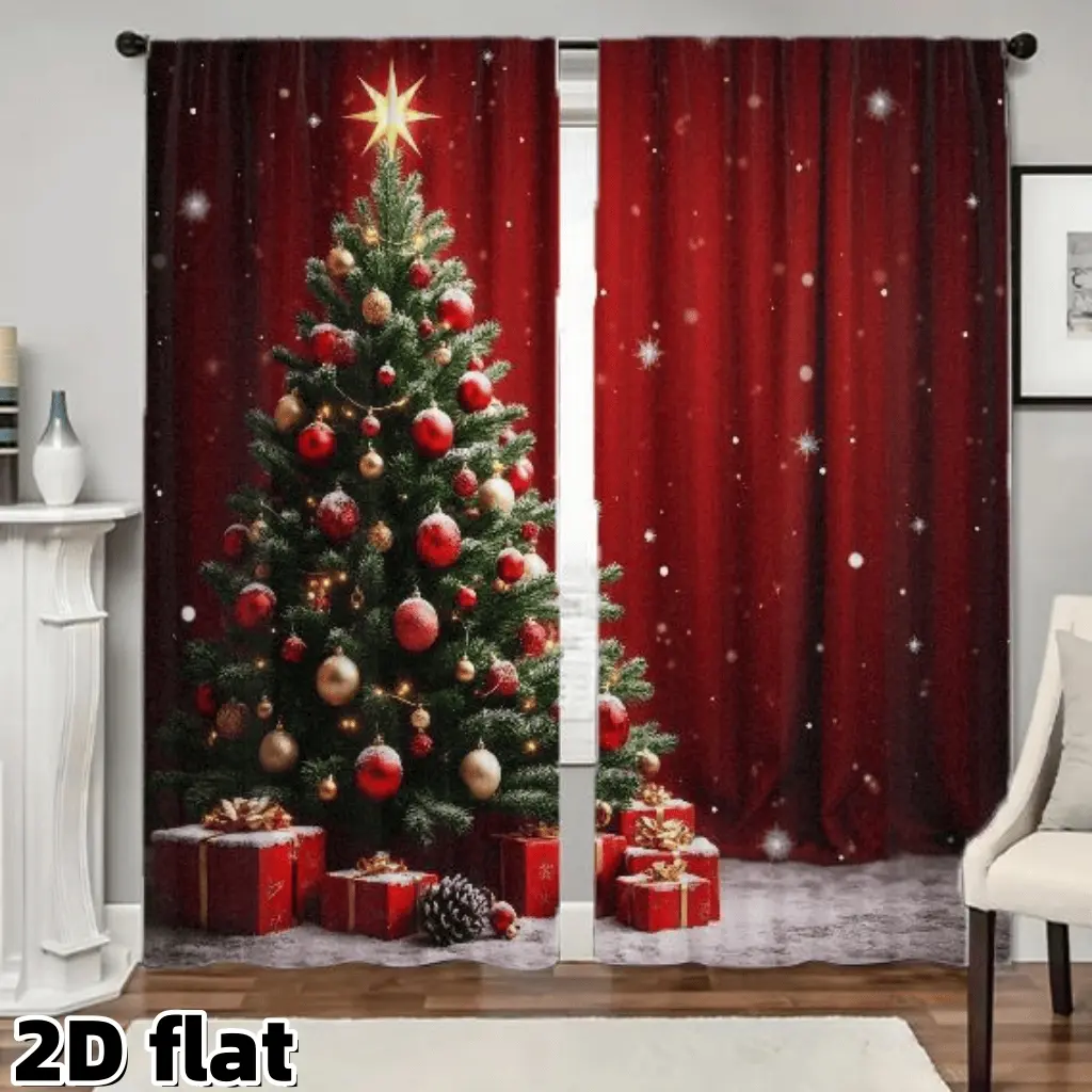 2D Flat 2Pcs Christmas Tree Curtains Holiday Decorative Red Background Snowy Winter Scene Semi Sheer Rod Pocket Design Premium Polyester Material Festive Home Decor for Living Room Bedroom Window Treatment Anti Privacy