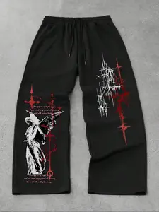 Gothic Dark Streetwear Fashion Aesthetic Oversized Knit Sweatpants - Men's Angel, Blood Red Thorns & Gothic Font Print Drawstring Baggy Pants