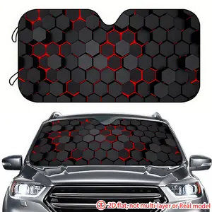 1pc red black hexagonal technology pattern car sun visor 2D high-definition printing, car sun visor effectively blocks sunlight, Car Sunshades For Windshield, suitable for decorating the front windshield of RVs, trucks, and General Motors