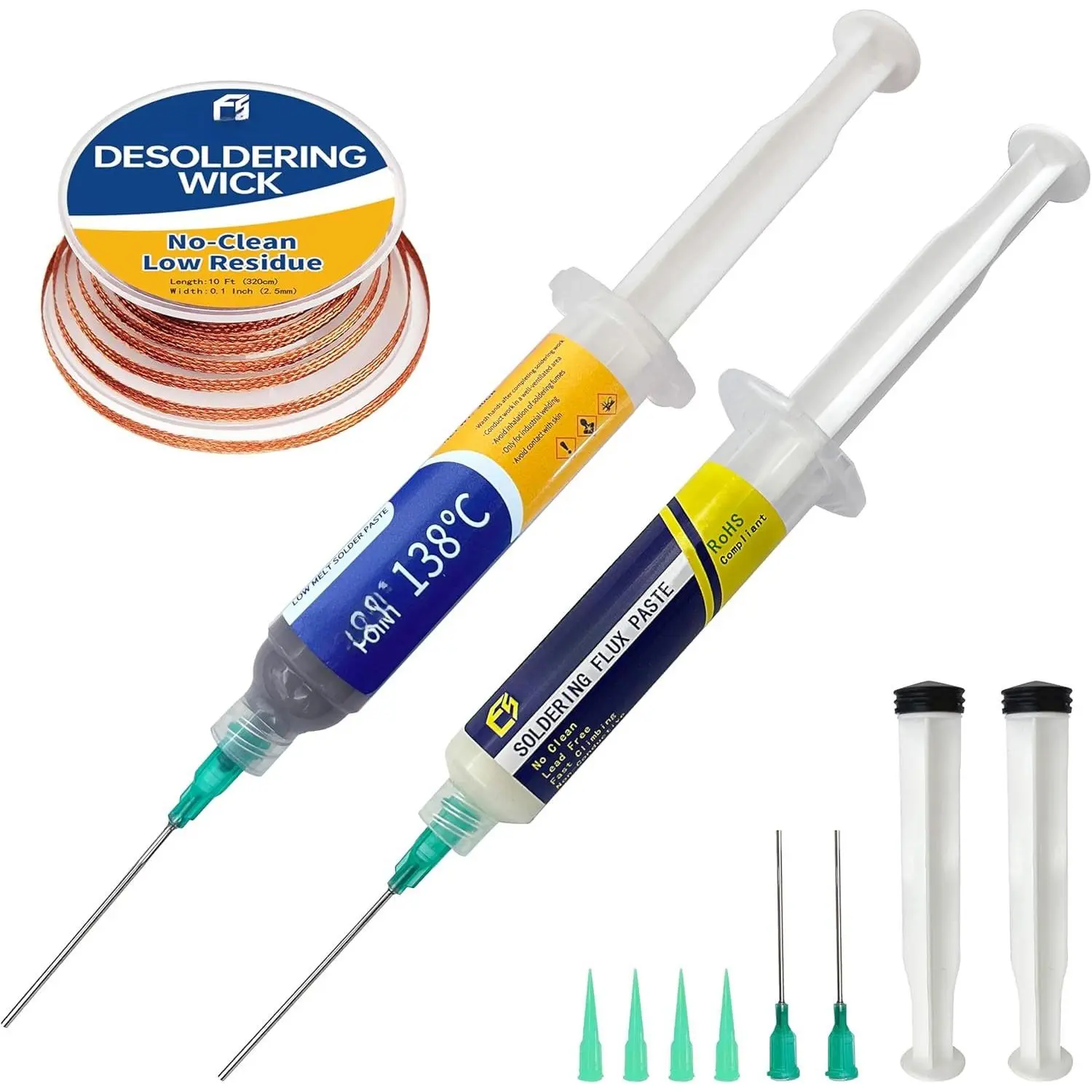 Lead-Free Soldering Kit - Sn42/Bi58 Solder Paste (30g), 10cc No-Clean Soldering Flux, Desolder Wick, Melts at 138℃ (280.4℉), Good Flow, Easy Tin Removal, Essential Product for Repairing Circuit Boards, Melts At 138°C