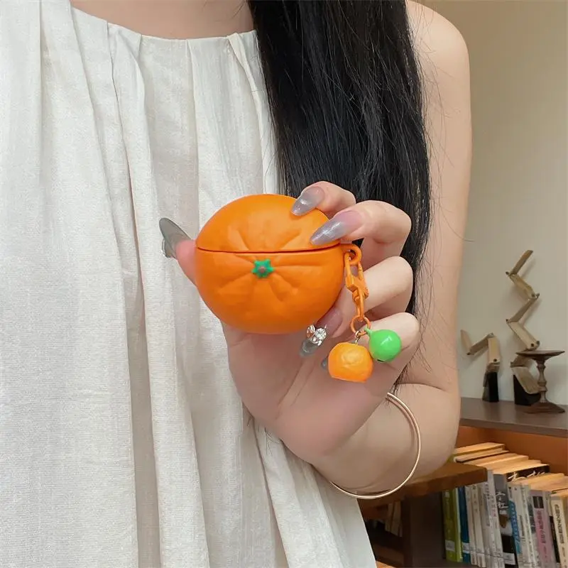 Cute Orange Fruit Silicone Earphone Cover with Same Orange Pendant for AirPods 1 2 3 4 Pro Pro2 Pro3 Carry Headphone Accessories