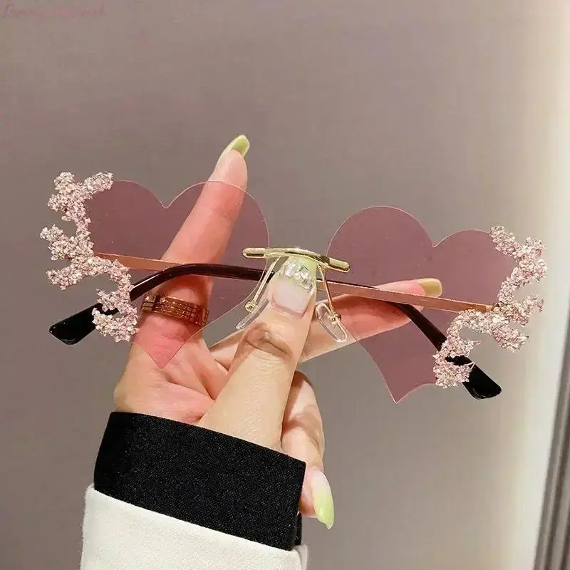 Women's Rimless Heart-Shaped Rhinestone-Accented Punk Sunglasses, UV-Protective Lightweight Fashion Eyewear for Party & Daily Streetwear, Women's Sunglasses