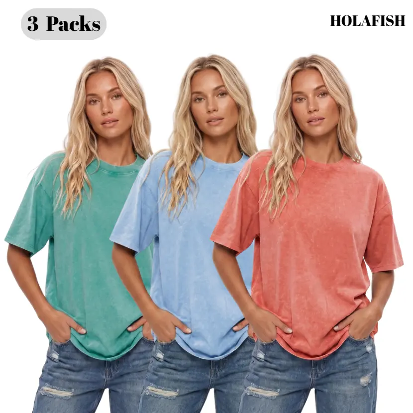 【S-XXXL】Holafish 3 PCS 2026 New Color Women's Unisex Acid Washed T-Shirts Vintage Casual Baggy Streetwear Girlfriend Tee Workout Short Sleeve Cotton Tops 3pcs T23S By Summervibes