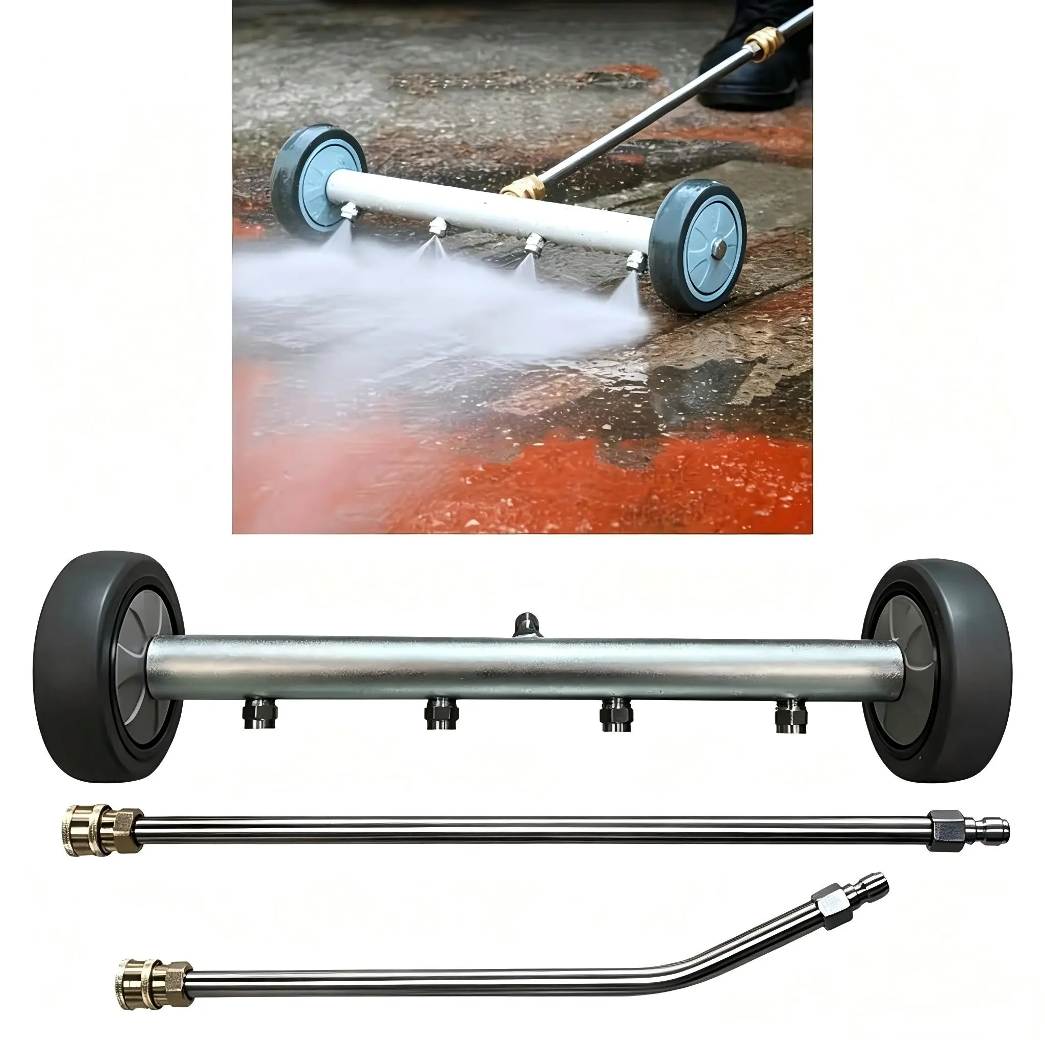 High-Pressure Car Washer Set with 13" Width Water Broom, Dual Connection Wear-Resistant Powered Undercarriage Cleaner & Wand for Sidewalks, Driveways, Decks, Driveway Clean