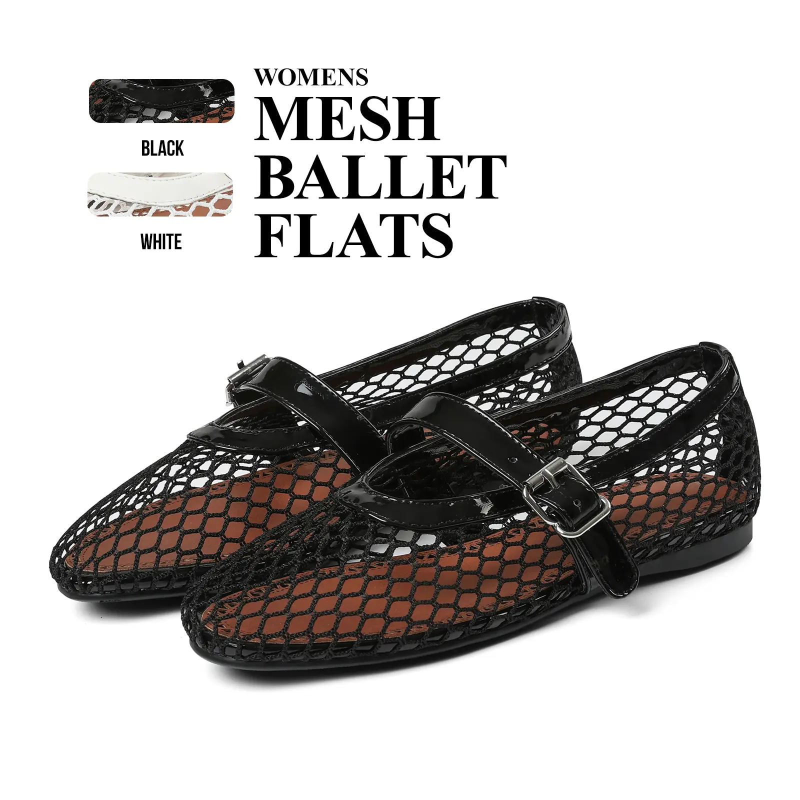 CYNLLIO Mesh Ballet Flats for Women Buckle Strap Comfy Fishnet Ballerina Flat Cute Casual Office Shoes Summer