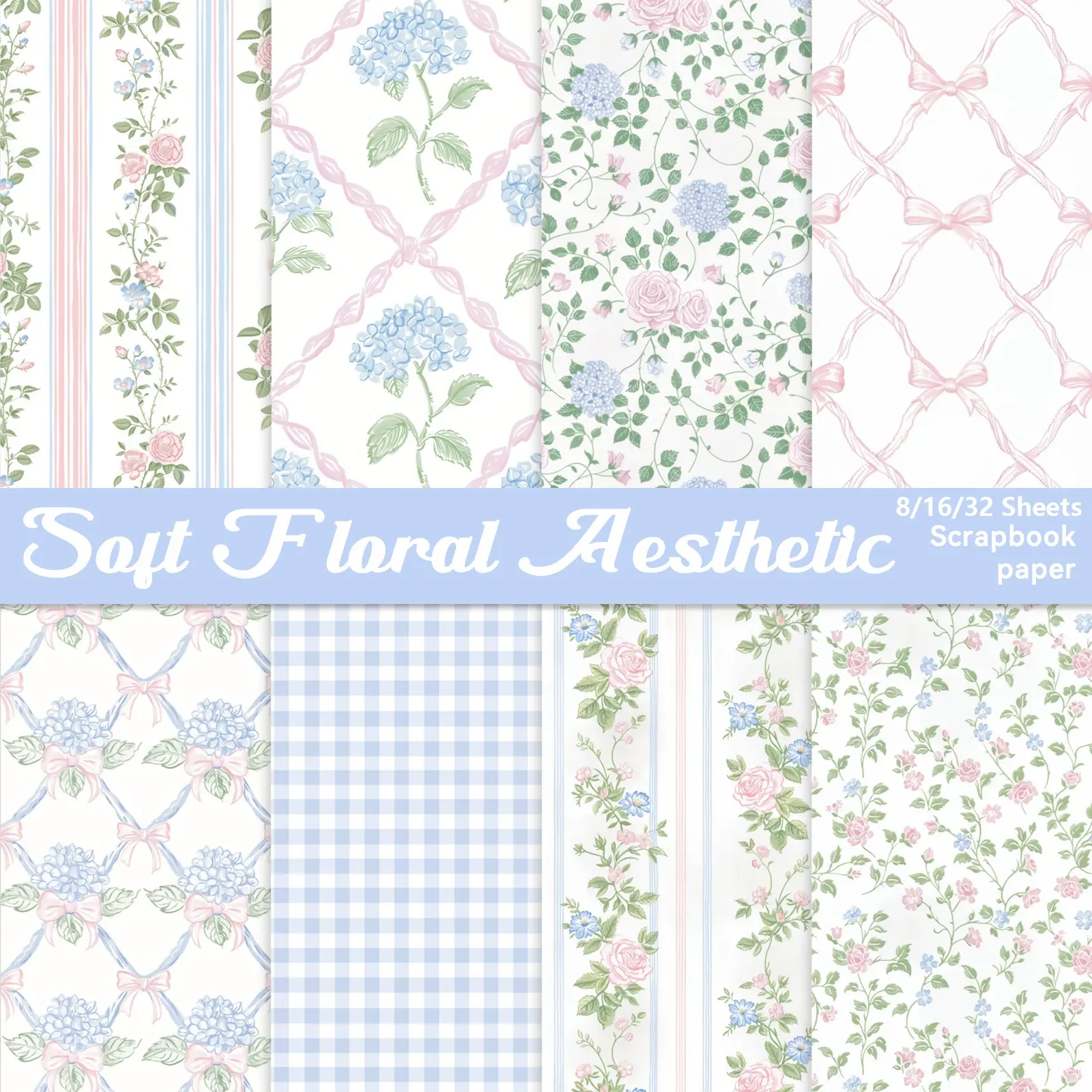 8/16/32 Sheets Blue Floral Scrapbook Paper, 5.8x5.8'' Size, For Junk Journal, Scrapbook Page, Gift Wrapping, Photo Albums, DIY Crafts Material Paper, Scrapbook Materials