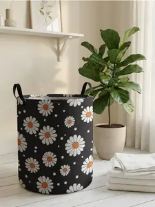 1 piece of 2D printed open storage box with daisy pattern, double handle reinforcement + foldable storage | dirty laundry organization/toy organization/home decoration all-purpose match
