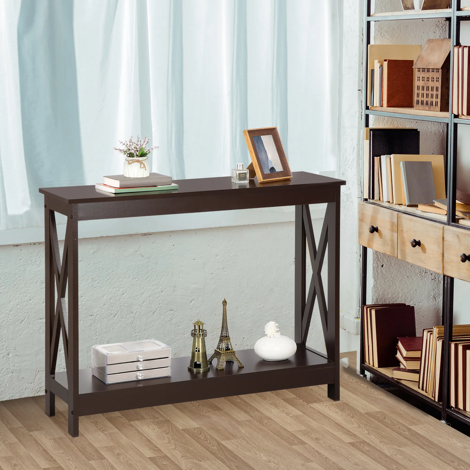 Brown Espresso Modern Minimal Wood Console Table - Indoor Furniture Organizer with Display & Storage Shelves, Stylish Multipurpose End Table for Living Room Sofa Side Stand, Organize, Stylish End Tables