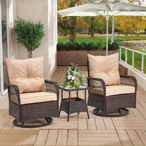 3-Piece Rattan Bistro Set, Patio Furniture Set with 360° Swivel Chairs & Tempered Glass Table, Ideal for Patio, Garden, Beige