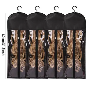 Wig Storage Bags, 4-Pack 80cm Extra Long Breathable Material with Hanger, Hook, Multiple Compartments, 4pcs Black -1bx80cm, Ideal for Wig Enthusiasts, Suitable for Salon, Travel Use,summervibes