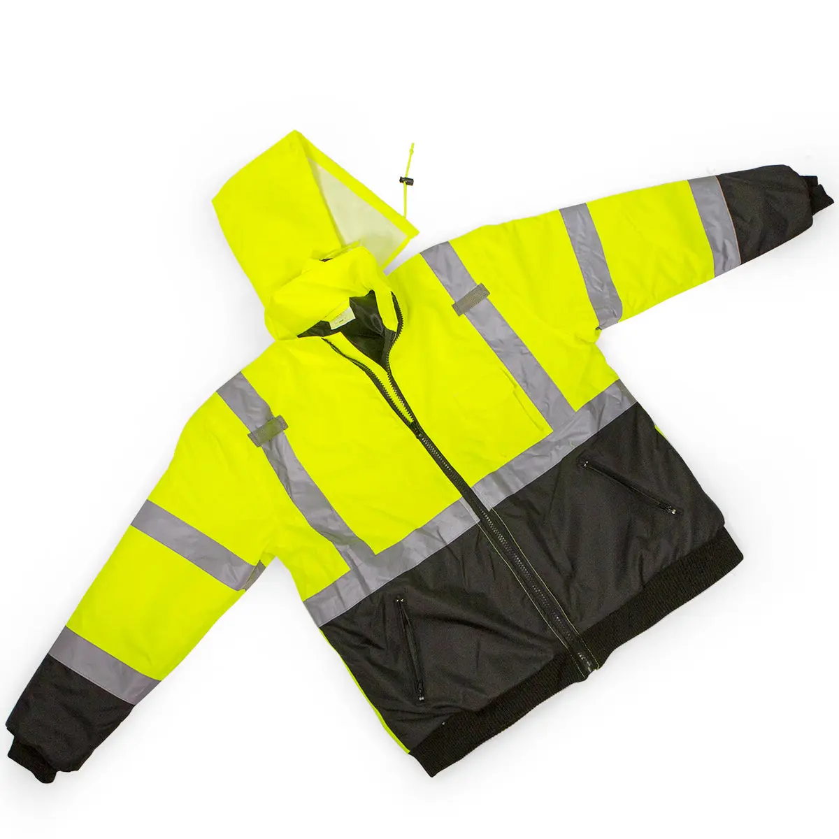Hi-Vis Class 3 Long Sleeve Water Resistant Rain Jacket, Neon Reflective Bomber Coat with Hem & Exterior Pockets, XXXL Size Work Safety Equipment, Extreme Weather