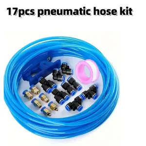 17 Piece Pneumatic Tubing Kit, Blue PU Air Hose Set, 10m, 4-12mm Od, Quick Release Adapters, Metal & PVC Connectors, Air Hose Fittings