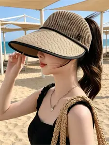 A set of women’s spring and summer plain-colored knitted wide-brim sun hats with perforated ventilation mesh on the top for sun protection. Perfect for outdoor excursions, hiking, and other recreational activities.