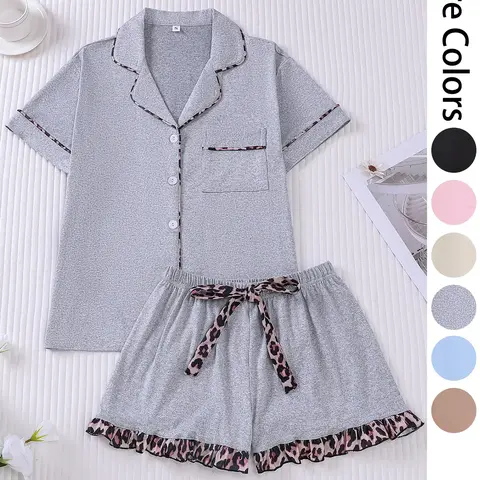 Women's Patchwork Contrast Binding Button Front Pocket Shirt & Ruffle Hem Shorts Pyjama Set, Casual Comfy Two-piece Pj Set, Ladies Summer Sleepwear, Pajama Set, Casual Lounge Sleep, Loungewear, Pajamas