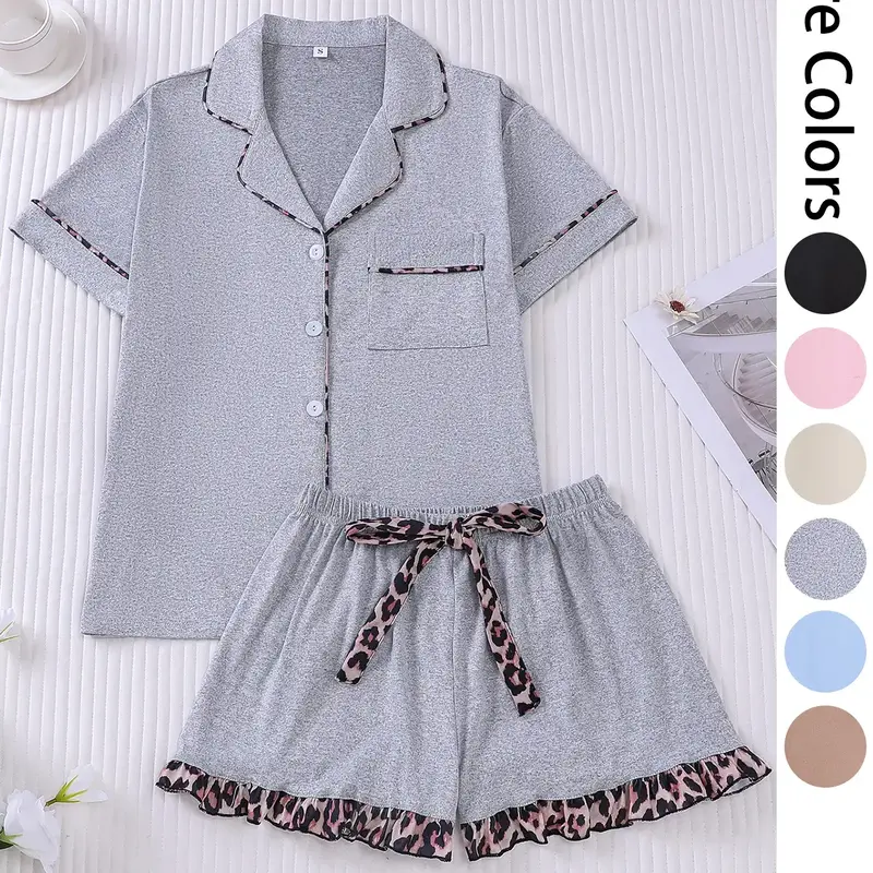 Women's Patchwork Contrast Binding Button Front Pocket Shirt & Ruffle Hem Shorts Pyjama Set, Casual Comfy Two-piece Pj Set, Ladies Summer Sleepwear, Pajama Set, Casual Lounge Sleep, Loungewear, Pajamas
