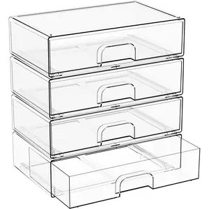 12.2''W Clear Stackable Storage Drawers,4 Pack  Drawers,Bathroom Organizer Bin and Plastic Makeup Organizer,Clear Stacking Brightroom Storage Boxes for ,Cabinet,Pantry Organization
