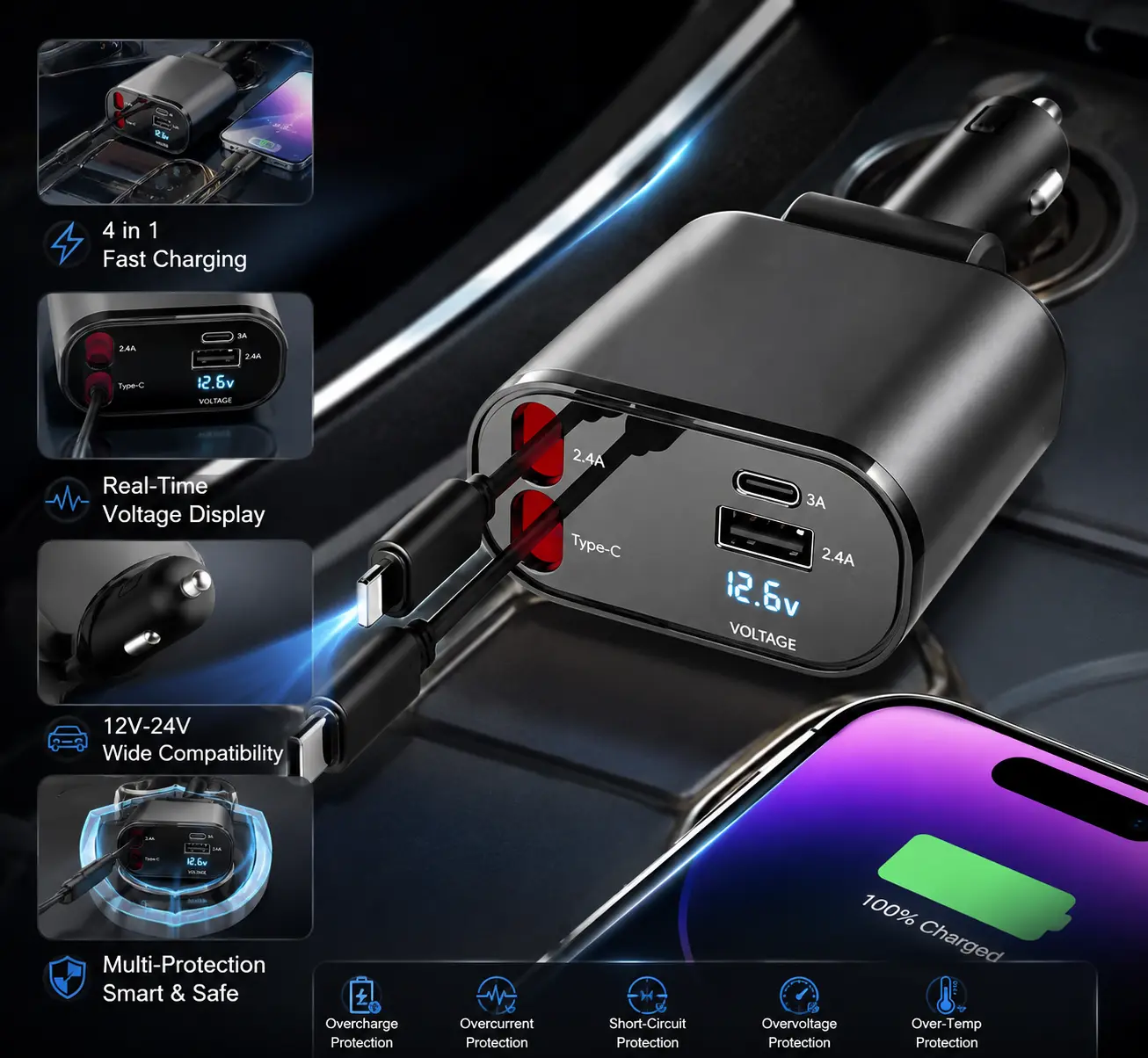 100W Ultra-Fast Compact 4-in-1 Retractable Car Charger - Built-In Lightning & USB-C Cables, Dual Ports for Multi-Device Driving Use with iPhone, Samsung & More