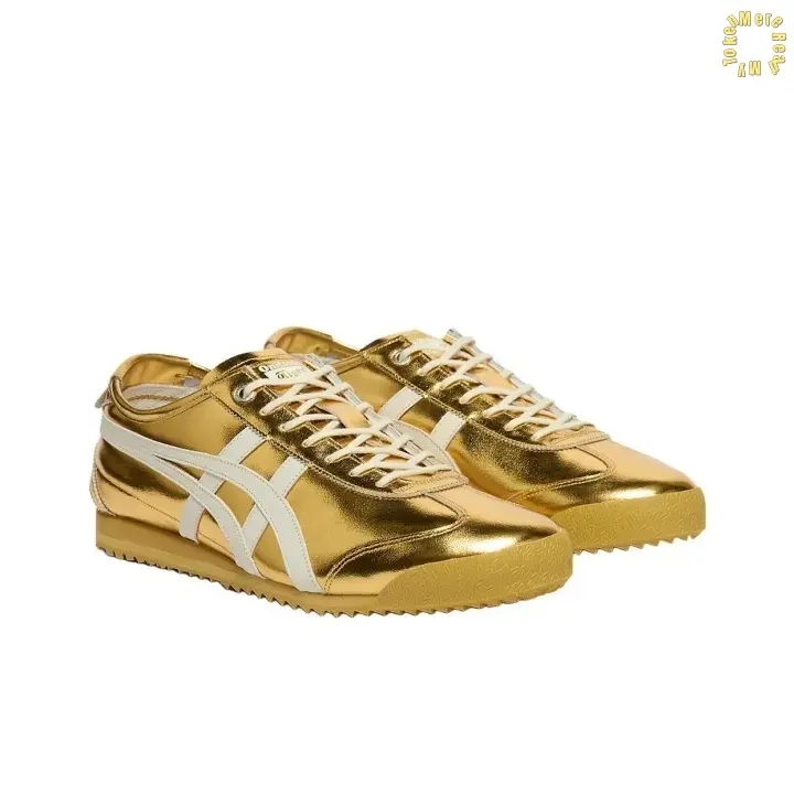Metallic Gold Off White Stripe Leather Casual Sneakers | Glossy Metallic Leather Upper | Lightweight Cushion Sole | Retro Street Style Summer Footwear | Comfort Fit Unisex Multiple Sizes