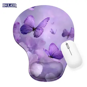 Dreamy Pastel Purple Flowers with Butterflies Silicone Wrist Rest Mouse Pad Desk Accessories 8.98*7.56inchs Ergonomic Support for Office Home Gift Natural Style Computer Mat