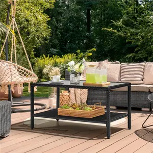 Yaheetech Outdoor Wicker Coffee Side Table, All-Weather Rattan Patio Storage Furniture with Tempered Glass Top for Garden, Black Visit the Yaheetech Store