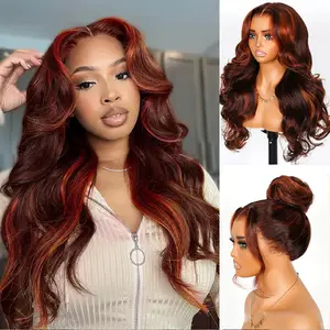 Salon Layer Cut Ginger Highlights On Brown Hair 360 Lace Frontal Invisi Strap Skin Lace InvisiDrawstring Snug Fit Body Wave Human Hair Wig#summerwins