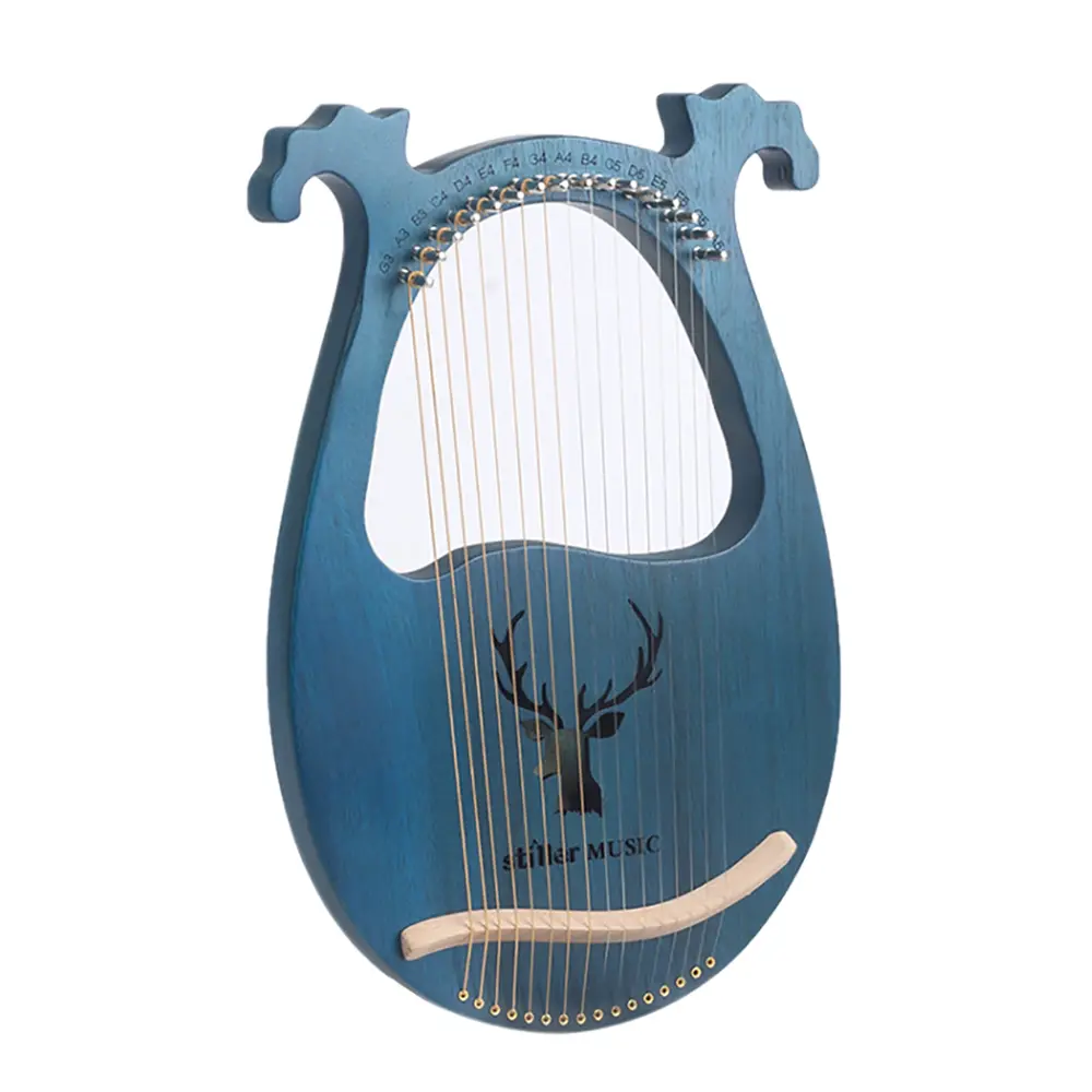 16-String Solid Mahogany Lyre Harp - Basic Beginner Instrument for Kids Bands, 15.4in H x 10.2in W Portable Lightweight Gear, with Metal Tuning Wrench, Picks, Extra Strings, Cleaning Cloth (Blue, Meditation Gift)