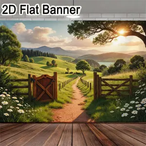 2D flat banner, 1pcSerene countryside landscape banner featuring a tranquil dirt path, lush green grass, and white daisies, perfect for outdoor events, photography backdrops, garden decorations, and peaceful retreats. Ideal for celebrations, home d