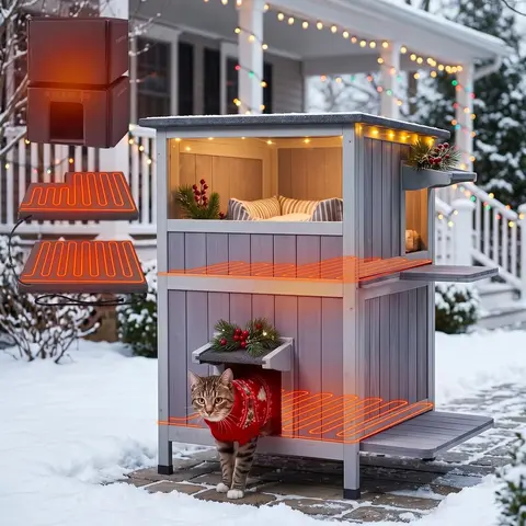 Aivituvin Heated Solid Wooden Cat House Enclosure - Detachable, 6-Sided Insulated Liner, Asphalt Roof, Auto Temperature Control, Waterproof Kennel, Raised Legs, Indoor & Outdoor Use, AIR14-IN-HP