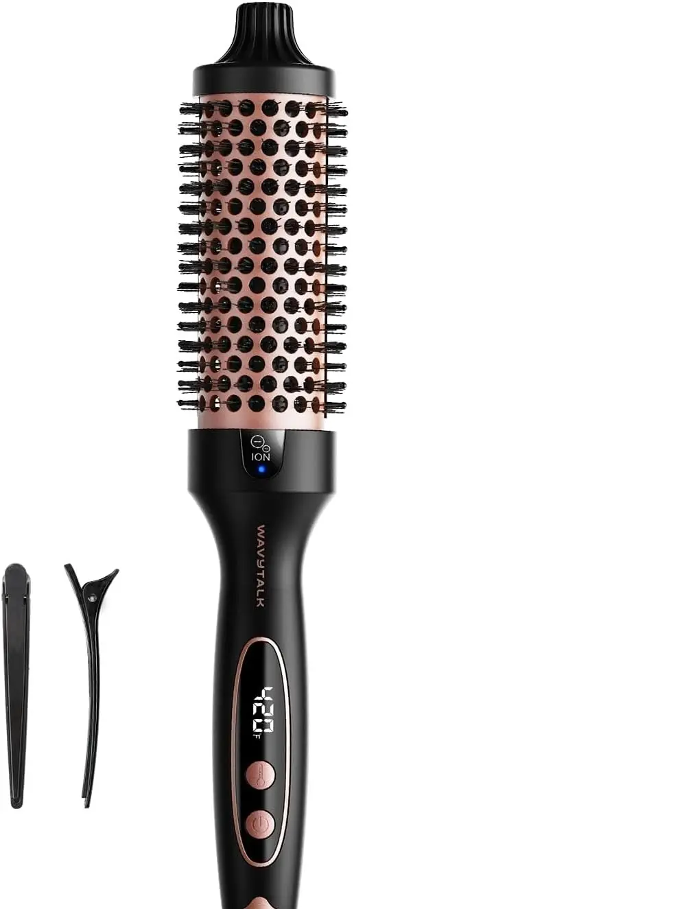 Wavy talk Thermal Brush Blowout Boost 1.5″ Heat Round Brush for Blowout Look | Negative Ion Technology, Tourmaline Ceramic, 5 Temperature Settings Dual Voltage, Less Damage, Rose Gold