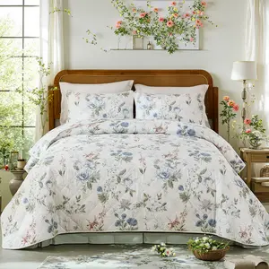 Cozaline Green Floral Quilt Set 100% Cotton Quilt Bedding Sets - Green Flower Leaf Print Botanical Bedding - Lightweight Coverlet Ultra Soft Bedspread Set with Pillowcases for All Season