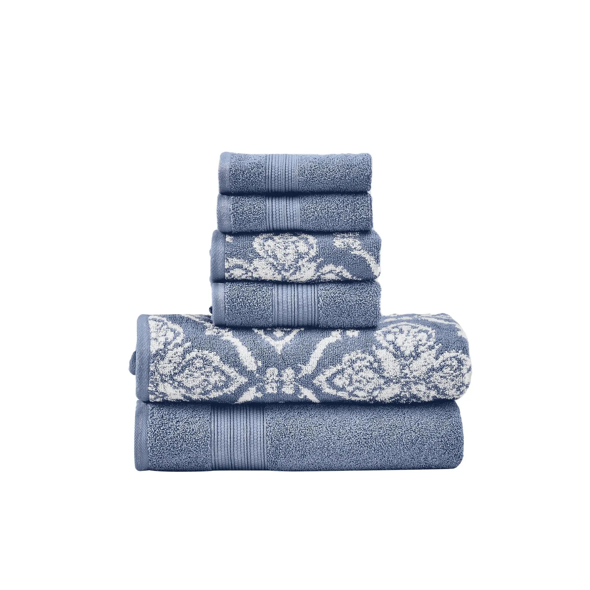 Modern Threads Amaris 6-Piece Geometric Jacquard Weave Yarn Dyed Cotton Towel Set, Denim - Water-Absorbent, Absorbs Water for Bath and Hand Use
