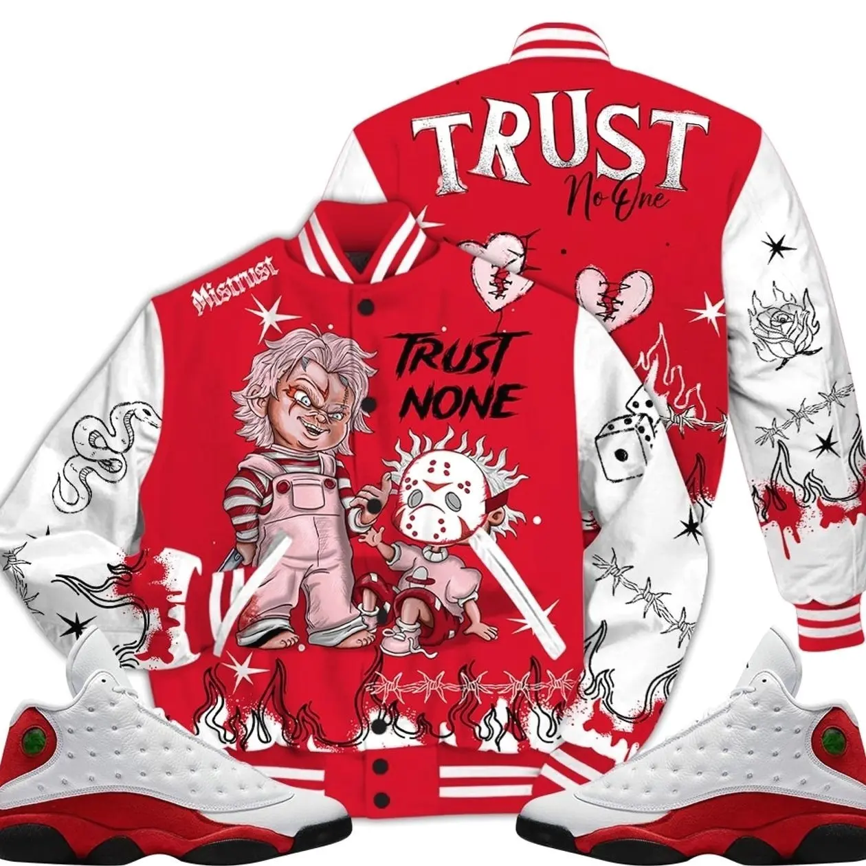 Retro 13 Chicago Varsity Jacket, Chicago 13s Outfits, Scary Trust No One Unisex T-Shirts To Match Sneakers, Streetwear Style Urban