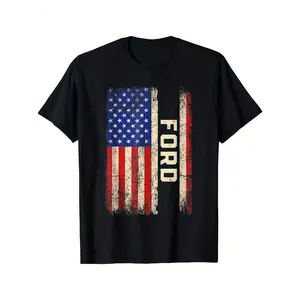 Cotton Short Sleeve  T-Shirt Men's for Ford American Flag Graphic T-Shirt - Casual Cotton Crewneck Tee with Distressed Look, Short Sleeves, Black, Patriotic Design for Casual Attire