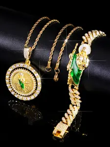 2pcs Saint Jude rotatable pendant with stainless steel twist chain, women's Saint Jude green and pink oil-dripping hip-hop bracelet, men's and women's Saint Jude accessory set, pendant, necklace and bracelet set, Fashionable Jewelry Set