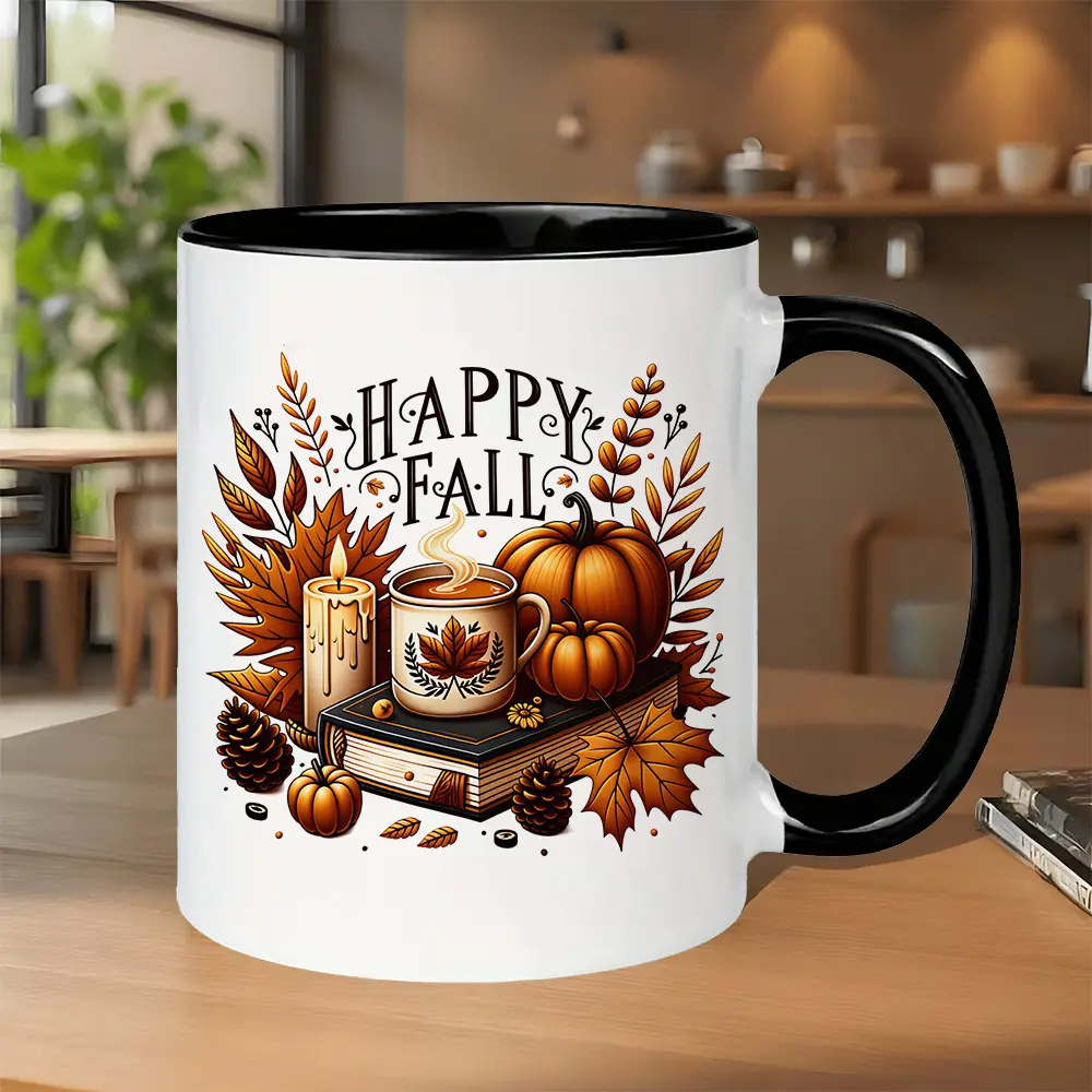 Happy Fall Pumpkin Maple Leaf Mug 11oz Accent Black Inside Ceramic Coffee Cup Autumn Harvest Thanksgiving Home Decor Gift
