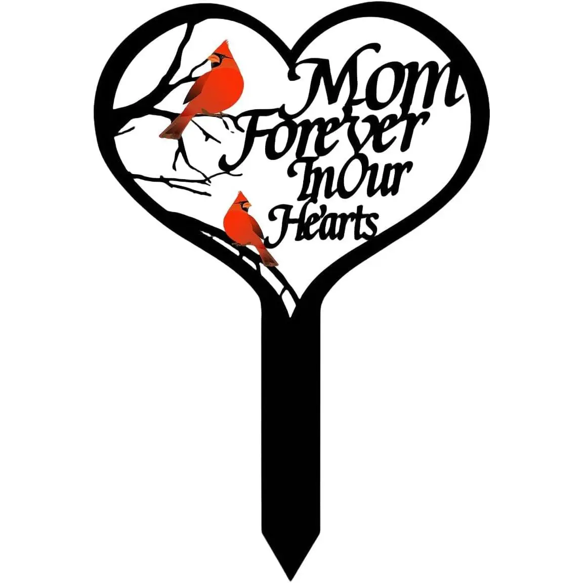 Memorial Stake for Mom - Metal Heart Grave Marker with Red Cardinals, Memorial Plaque Cemetery Decor for Grave, Garden Gravesite